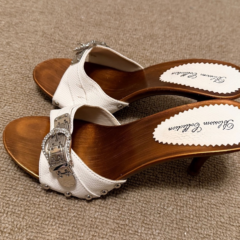 Size 7.5 - Blossom Collection White Heels With Silver Diamond Buckle And Studs